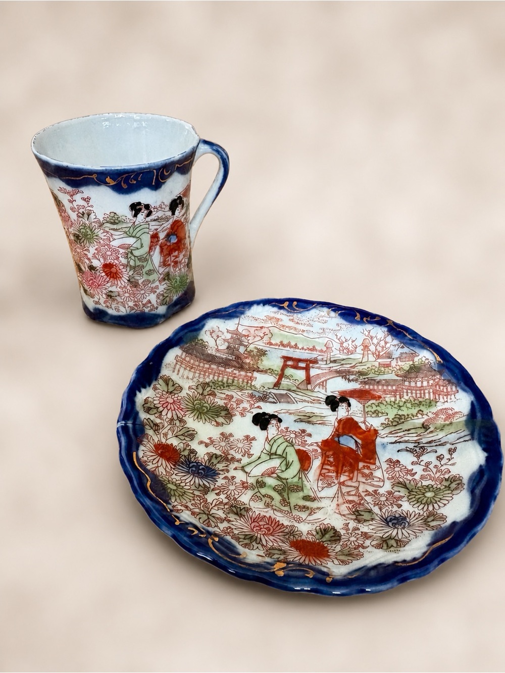 5 / $40 Vintage 1950s Japanese Geisha Tea Cup & Plate Porcelain Set Blue